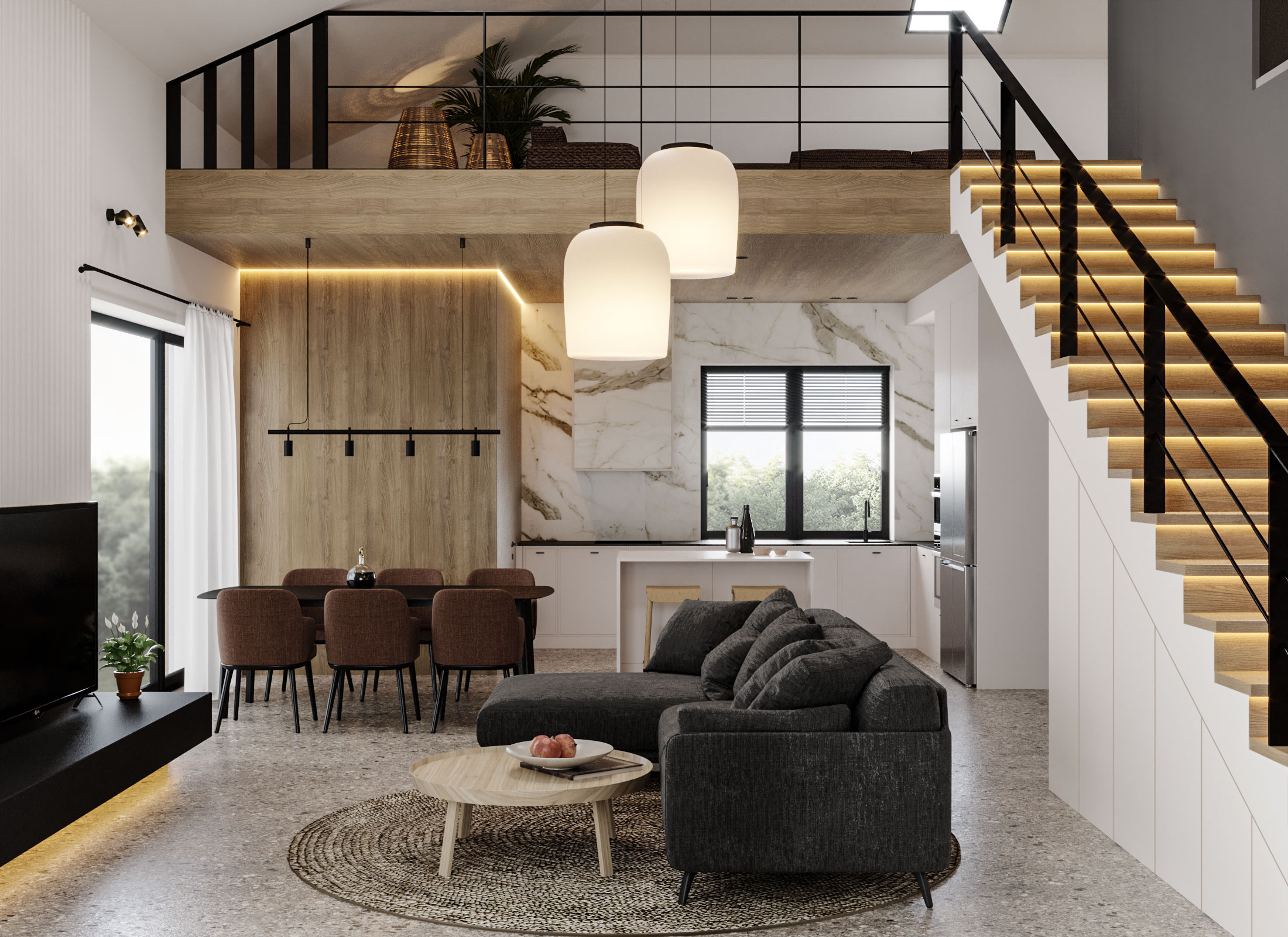 Дизайн гостиной со вторым светом в частном доме